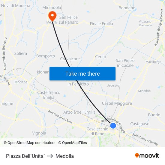 Piazza Dell`Unita` to Medolla map