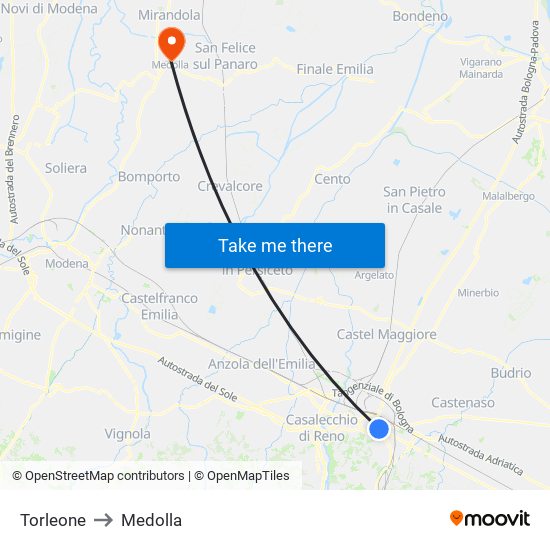 Torleone to Medolla map