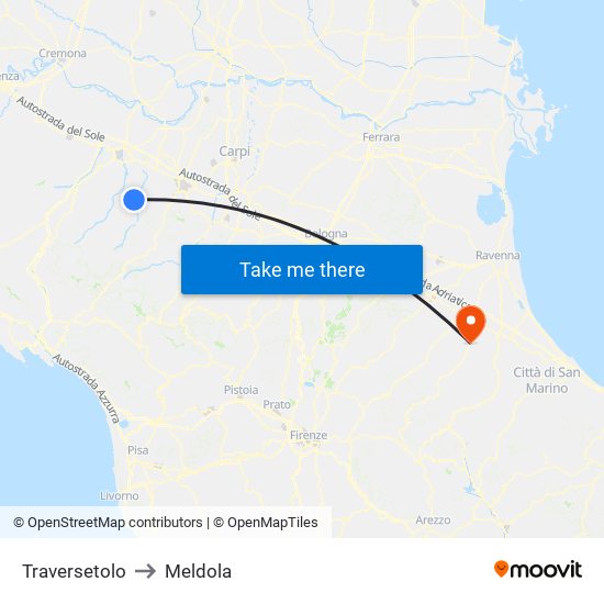 Traversetolo to Meldola map