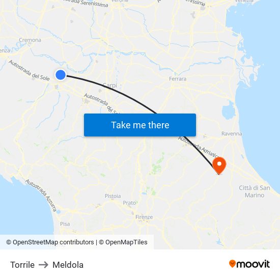 Torrile to Meldola map