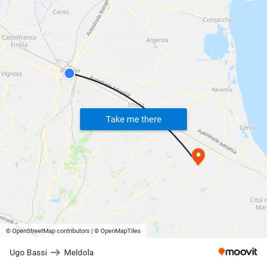 Ugo Bassi to Meldola map