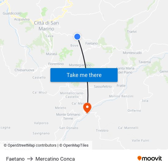 Faetano to Mercatino Conca map