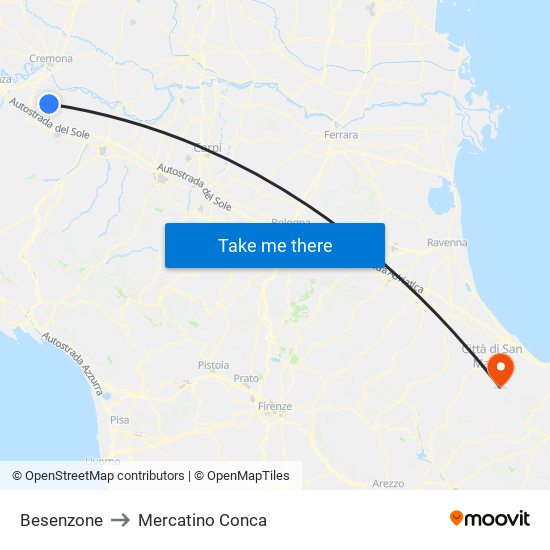 Besenzone to Mercatino Conca map