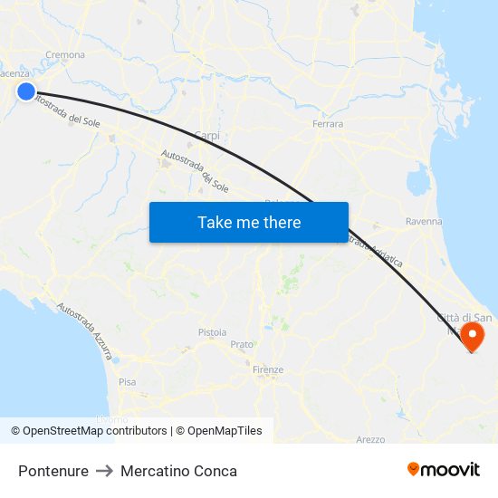 Pontenure to Mercatino Conca map