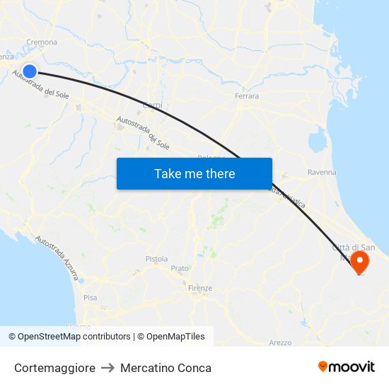 Cortemaggiore to Mercatino Conca map