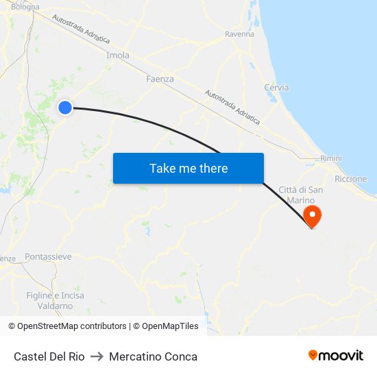 Castel Del Rio to Mercatino Conca map