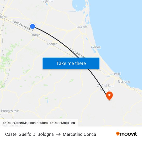 Castel Guelfo Di Bologna to Mercatino Conca map
