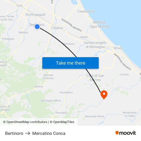 Bertinoro to Mercatino Conca map