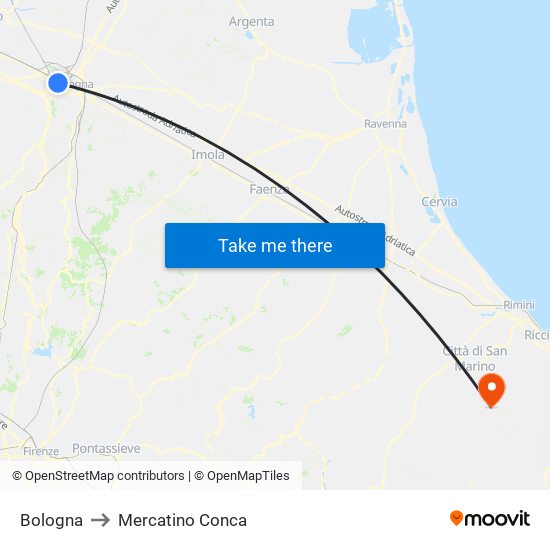Bologna to Mercatino Conca map