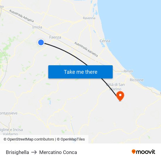 Brisighella to Mercatino Conca map