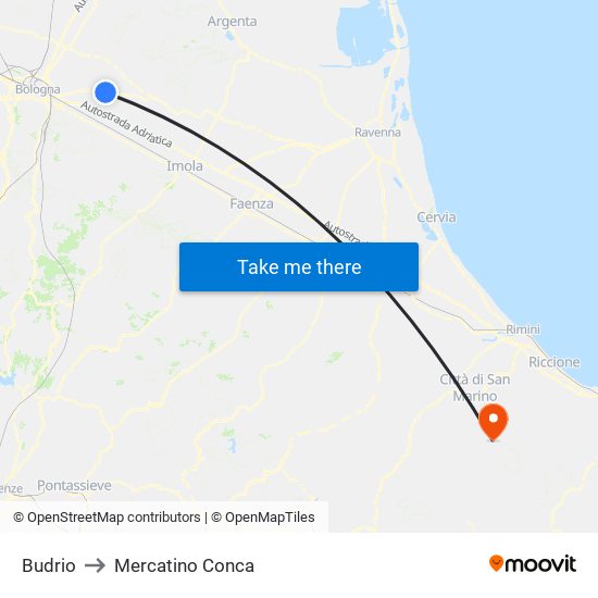 Budrio to Mercatino Conca map
