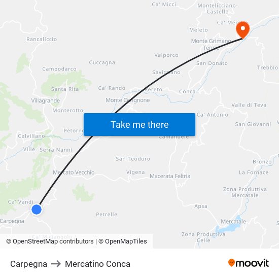 Carpegna to Mercatino Conca map
