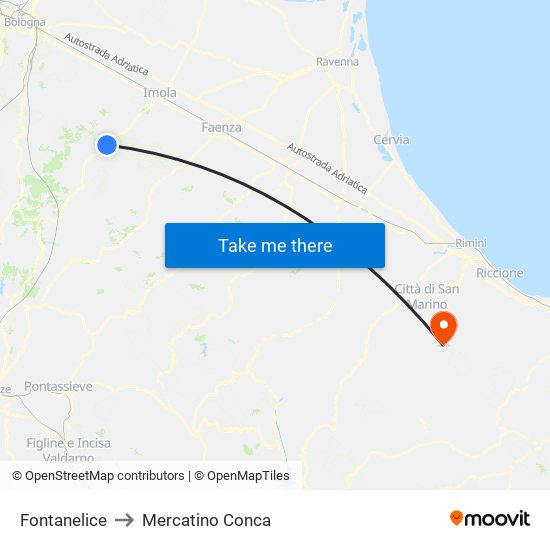 Fontanelice to Mercatino Conca map