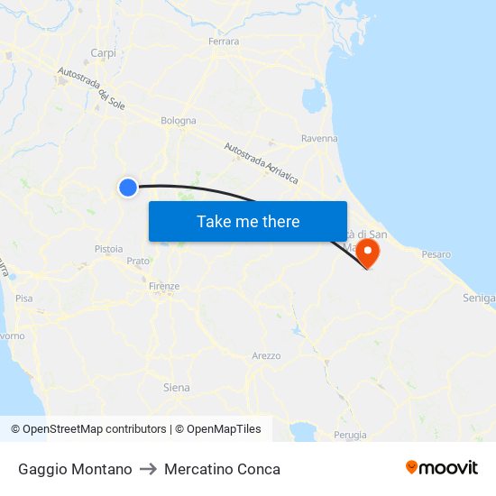 Gaggio Montano to Mercatino Conca map