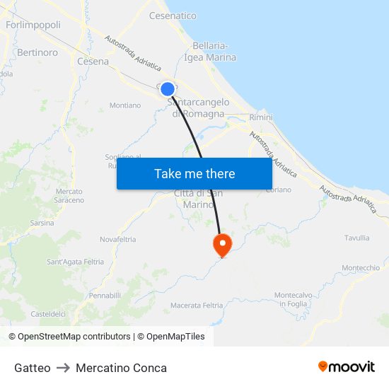 Gatteo to Mercatino Conca map