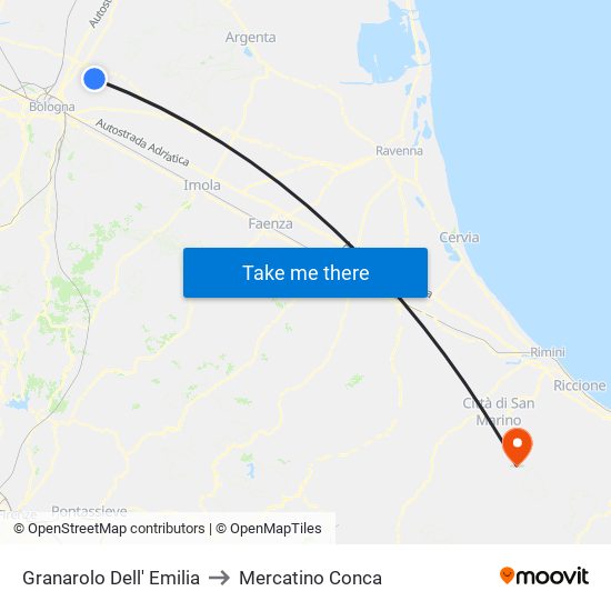 Granarolo Dell' Emilia to Mercatino Conca map