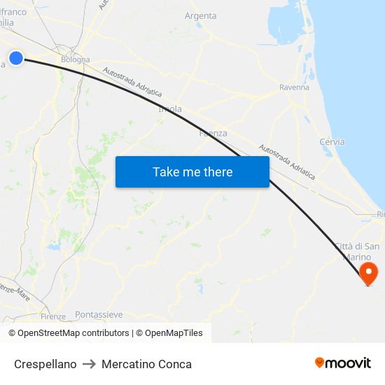Crespellano to Mercatino Conca map