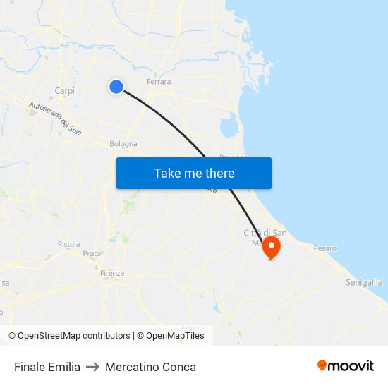 Finale Emilia to Mercatino Conca map