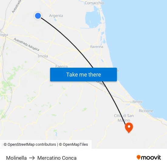 Molinella to Mercatino Conca map