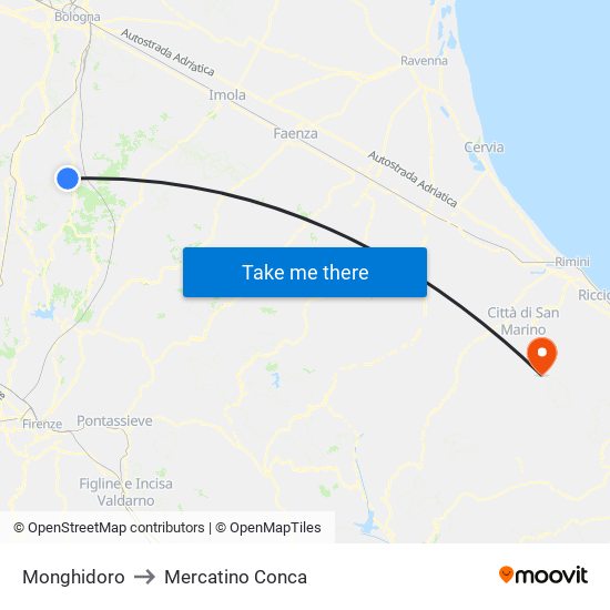 Monghidoro to Mercatino Conca map