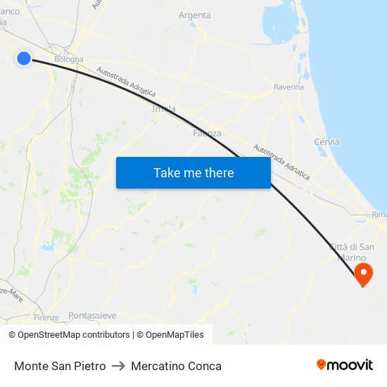 Monte San Pietro to Mercatino Conca map