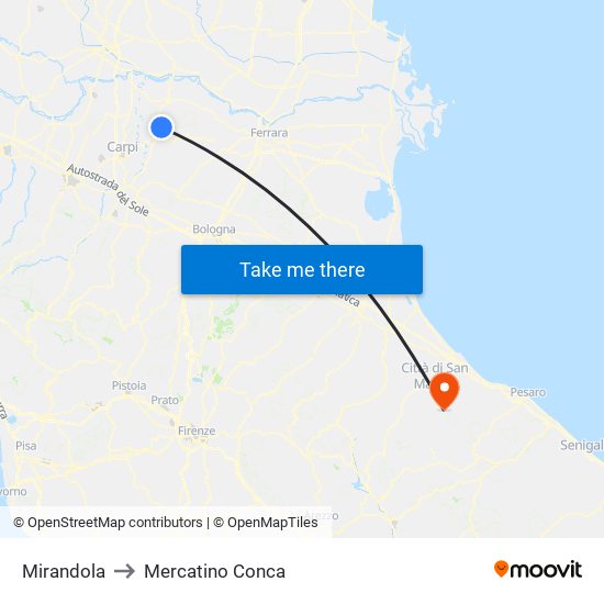Mirandola to Mercatino Conca map