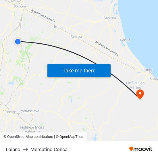 Loiano to Mercatino Conca map