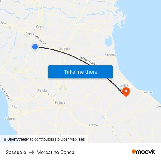 Sassuolo to Mercatino Conca map