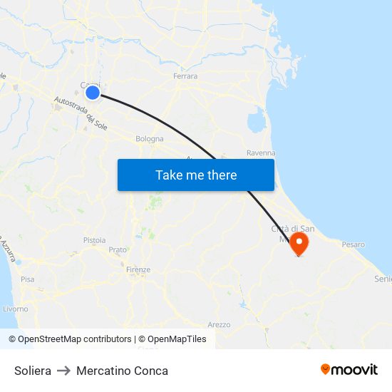 Soliera to Mercatino Conca map