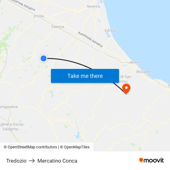 Tredozio to Mercatino Conca map