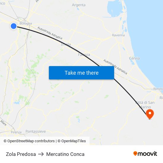 Zola Predosa to Mercatino Conca map