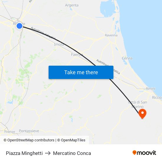 Piazza Minghetti to Mercatino Conca map