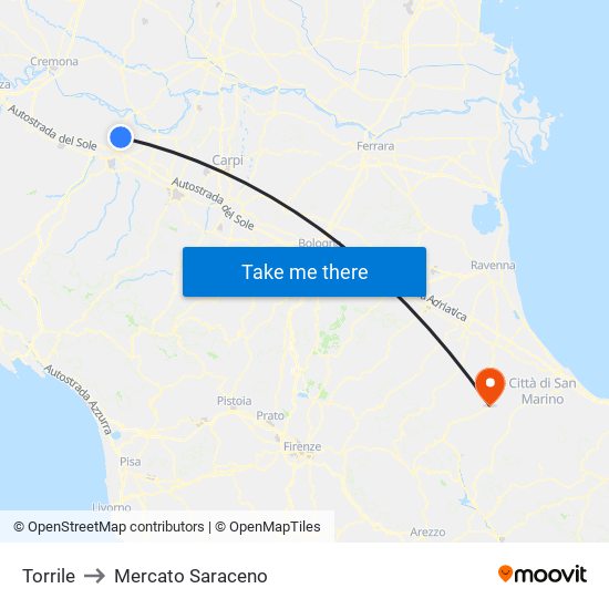 Torrile to Mercato Saraceno map