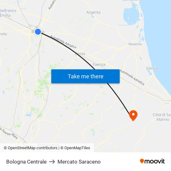 Bologna Centrale to Mercato Saraceno map