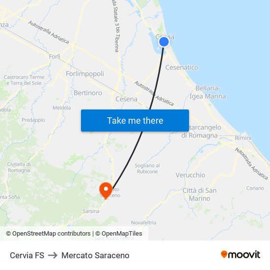 Cervia FS to Mercato Saraceno map