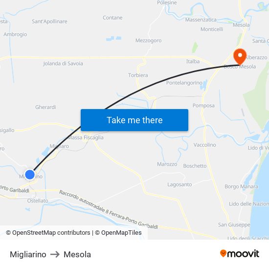Migliarino to Mesola map