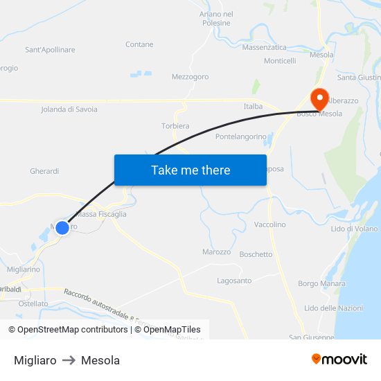 Migliaro to Mesola map