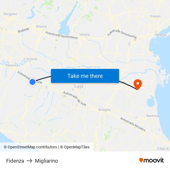 Fidenza to Migliarino map