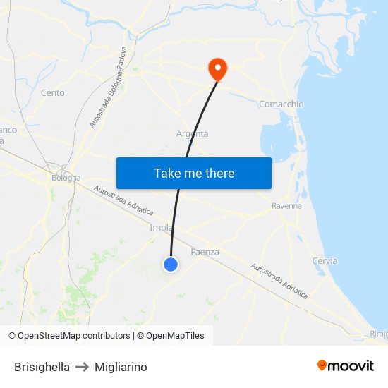 Brisighella to Migliarino map