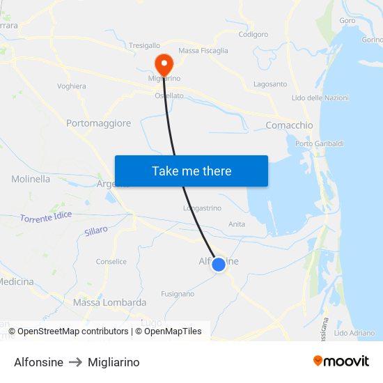 Alfonsine to Migliarino map