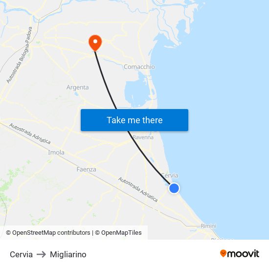 Cervia to Migliarino map