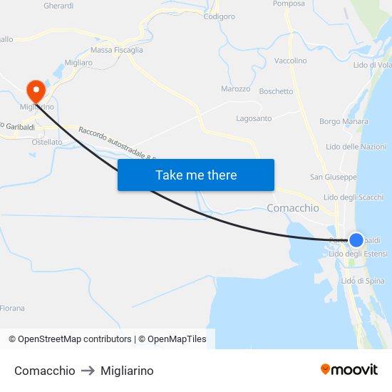 Comacchio to Migliarino map