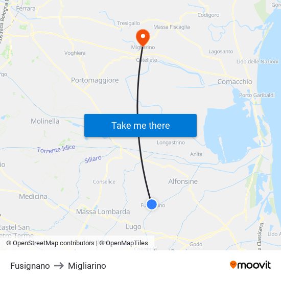 Fusignano to Migliarino map