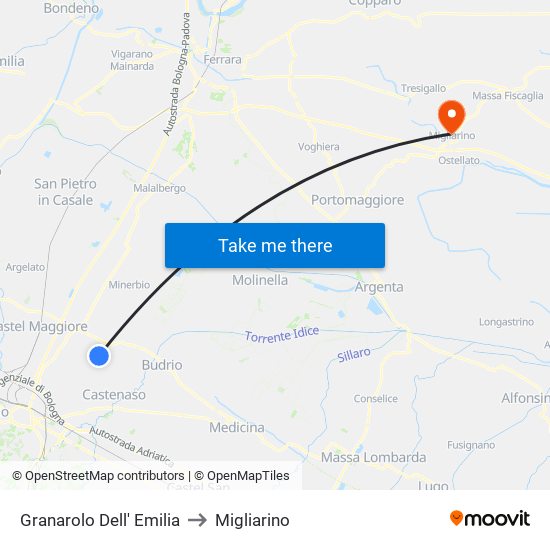 Granarolo Dell' Emilia to Migliarino map