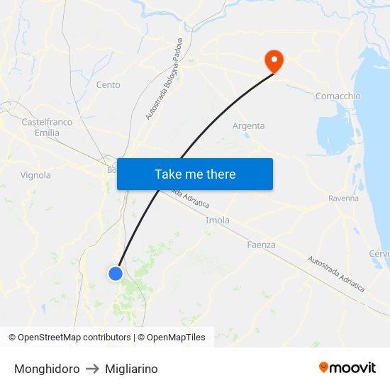 Monghidoro to Migliarino map
