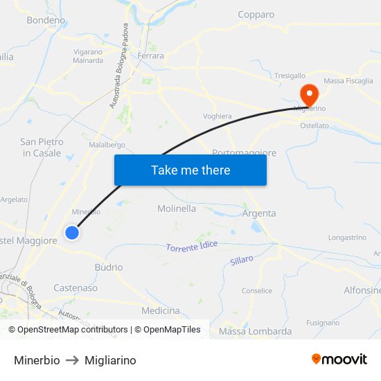 Minerbio to Migliarino map
