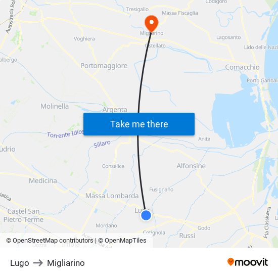 Lugo to Migliarino map