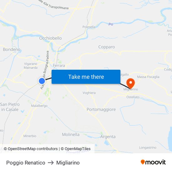 Poggio Renatico to Migliarino map