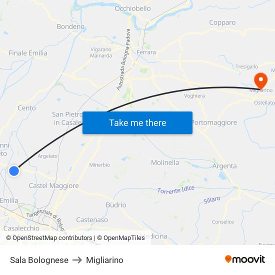 Sala Bolognese to Migliarino map