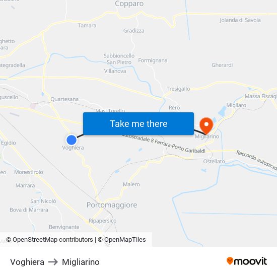 Voghiera to Migliarino map